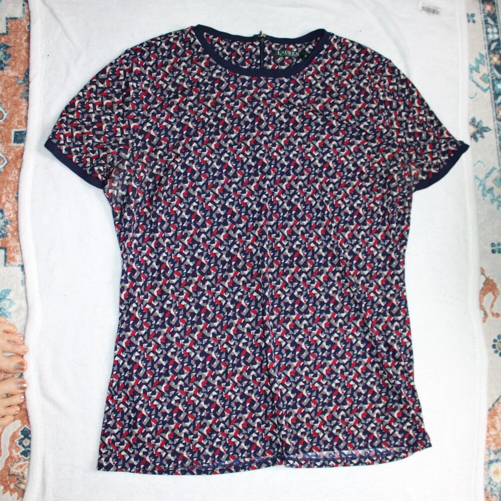 Ralph Lauren 2017 Patterned Blouse Business Casual Size 2XL or XXL Red Blue Gray